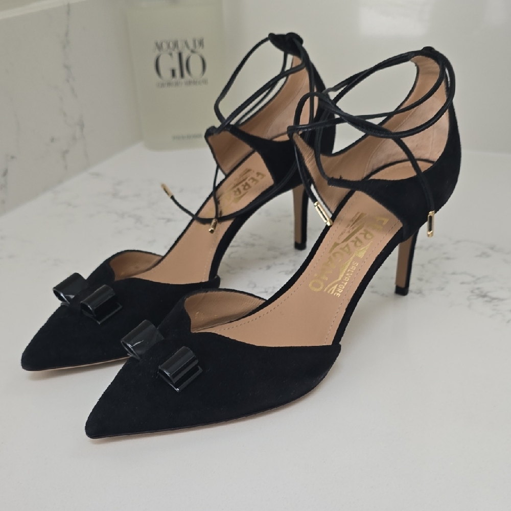 Salvatore Ferragamo Black Suede Pointed-Toe Lace-Up Heels with Bow